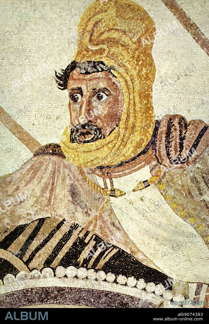The Alexander Mosaic, dating from circa 100 BC, is a famous Roman floor mosaic originally from the House of the Faun in Pompeii. It depicts a battle between the armies of Alexander the Great and Darius III of Persia and measures 5.82 x 3.13m (19 ft x 10 ft 3in). The mosaic illustrates a battle in which Alexander faced and attempted to capture or kill Darius. Alexander defeated the Persian leader twice, first at the 333 BC Battle of Issus and two years later at the Battle of Gaugamela. The work is traditionally believed to show the Battle of Issus. Detail showing Darius of Persia.