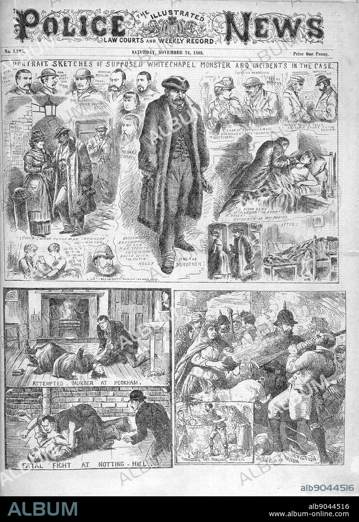 Newspaper report of 1888 about the notorious unidentified serial killer known as Jack the Ripper, who is believed to have killed and mutilated a minimum of five women in the Whitechapel and Spitalfields districts of London from late August to early November 1888.