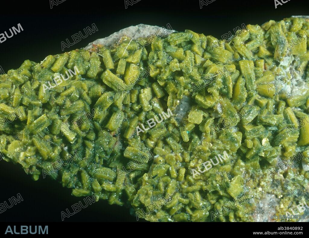 Autunite, a radioactive uranium calcium phosphate mineral.
