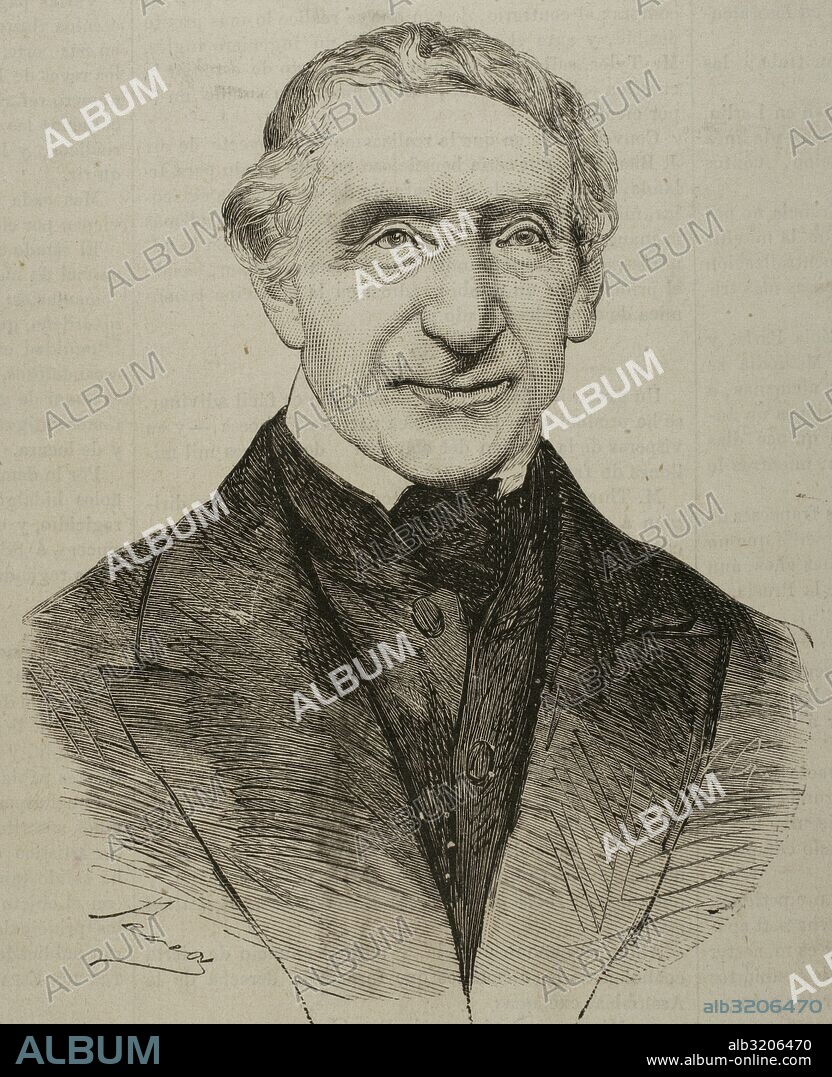 DOLLINGER, Johann Ignaz von (1799-1890). Teólogo e historiador alemán. Partidario de la unidad alemana de la Iglesia. Se opuso al dogma de la infabilidad papal y a la política de Pío IX. Criticó el "Syllabus". Excomulgado en 1871. Grabado por Arturo Carretero. La Ilustración Española y Americana, 1872.