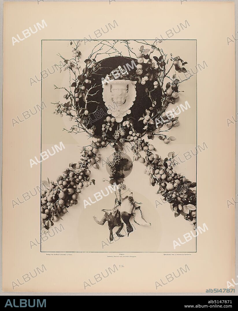 Martin Gerlach, J. Schober, Verlag Gerlach und Schenk, Festons of fruits, angel's head and wild ducks, Staatliche Landesbildstelle Hamburg, collection on the history of photography, paper, collotype, sheet size: height: 40.10 cm; width: 32.10 cm, inscribed: recto: Verlag von Gerlach & Schenk in Vienna, Déposé. Gerlach, Festons and decorative groups, collotype by J. Schober in Karlsruhe. Numbering, Landesbildstelle, handwritten inv. no, photography, plants and herbs, plant ornaments, garlands, flower thread (ornament), angel (Christian religion), ducks.