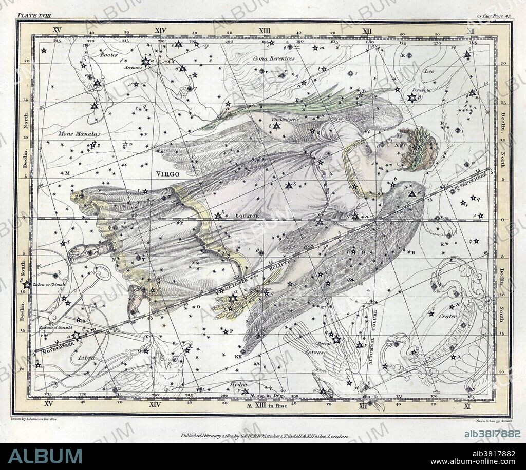 Virgo is one of the constellations of the zodiac. Its name is Latin for virgin. It was one of the 48 constellations listed by the 2nd century astronomer Ptolemy, and remains one of the 88 modern constellations defined by the International Astronomical Union. The Greeks and Romans associated Virgo with their goddess of wheat/agriculture, Demeter-Ceres. Alternatively, she was sometimes identified as the virgin goddess Iustitia or Astraea, holding the scales of justice in her hand as the constellation Libra. Virgo is often portrayed carrying two sheaves of wheat. Virgo is the sixth astrological sign in the Zodiac. It spans the 150-180th degree of the zodiac, between 152.75 and 180 degree of celestial longitude, which the Tropical zodiac the Sun transits this area on average between August 23 to September 22 each year. A Celestial Atlas (1822) by Alexander Jamieson, inspired by the star atlas of Johann Elert Bode, but restricted itself to stars that could be seen with the naked eye. Comprising a systematic display of the heavens in a series of thirty maps illustrated by scientific description of their contents and accompanied by catalogues of the stars and astronomical exercises, plate 18, 1822.