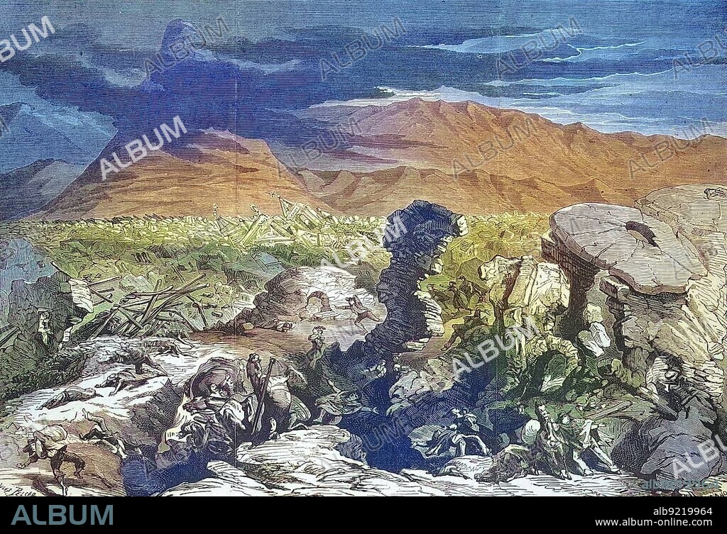 Earthquake in Peru, Destruction of the city of Arequipa in 1868, Earthquake in Peru, Historical, digitally restored reproduction of an original 19th century painting, exact original date not known