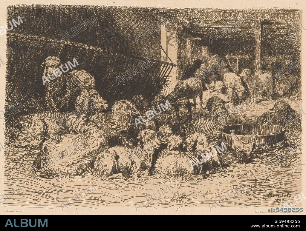 Sheepfold interior Une bergerie, print maker: Albert Heinrich Brendel, (mentioned on object), printer: Delâtre, (mentioned on object), publisher: A. Cadart & F. Chevalier, (mentioned on object), print maker: France, printer: Paris, publisher: Paris, 1862, paper, etching, h 239 mm × w 319 mm.