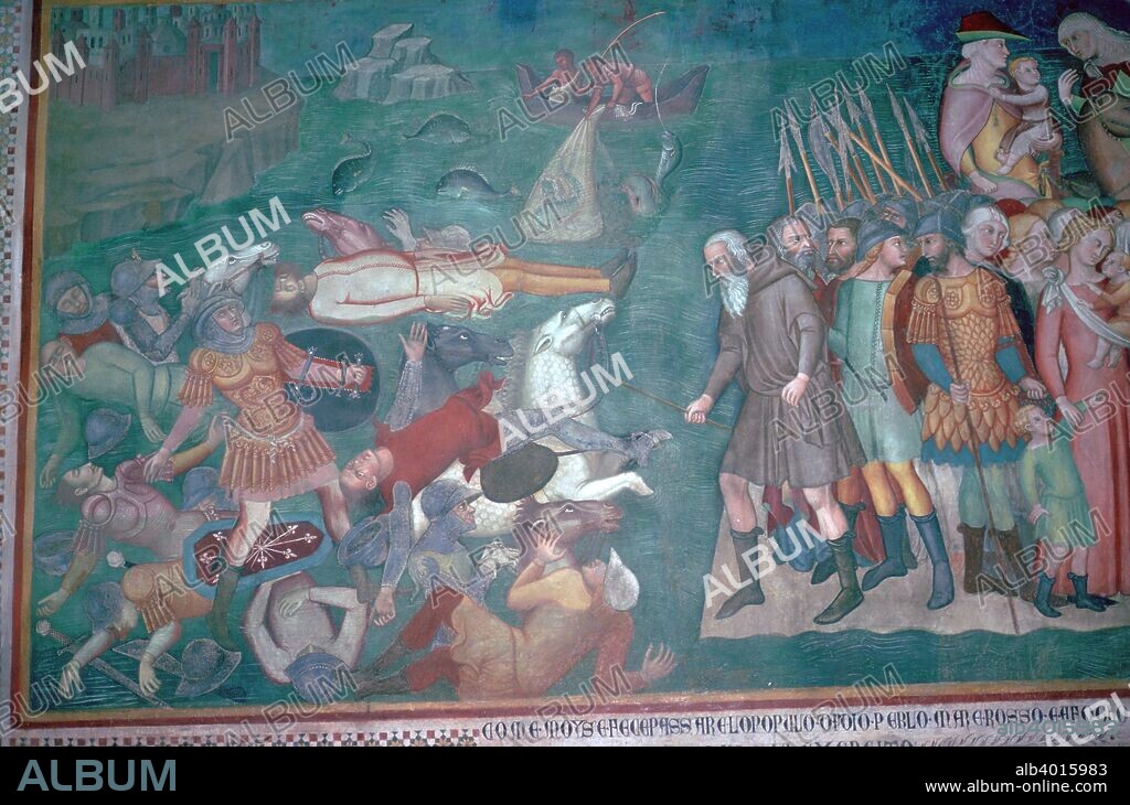 Fresco of the Israelites crossing the Red Sea from San Gimignano in Italy, 14th century.
