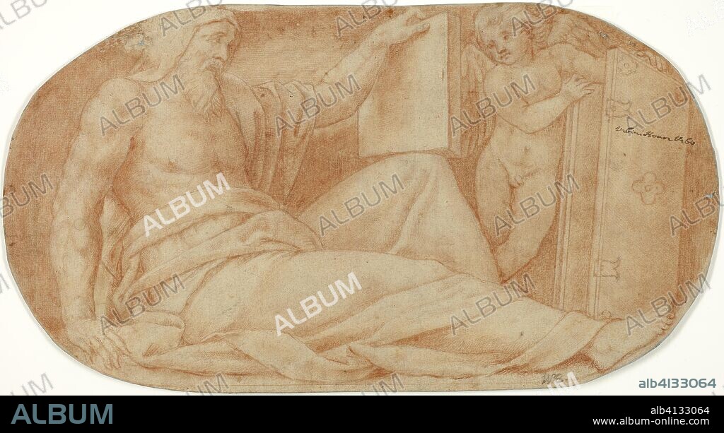 Moses. Circle of Bernardino Gatti, called Il Sojaro; Italian, c. 1495-1575. Date: 1515-1575. Dimensions: 190 x 350 mm. Red chalk over traces of black chalk, on oval-shaped ivory laid paper, laid down on blue laid paper. Origin: Italy.