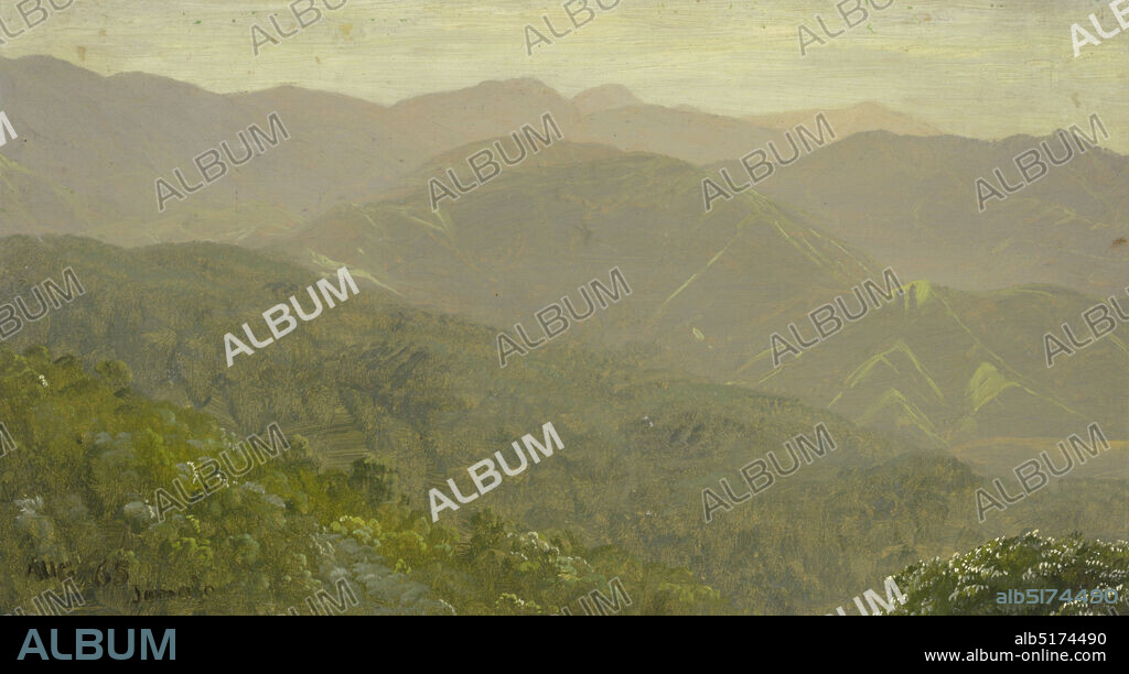 Mountain Landscape, Jamaica, Frederic Edwin Church, American, 18261900, Brush and oil, graphite on cardboard, View of a mountain range and peaks across wooded valleys., August 1865, landscapes, Drawing, Drawing.