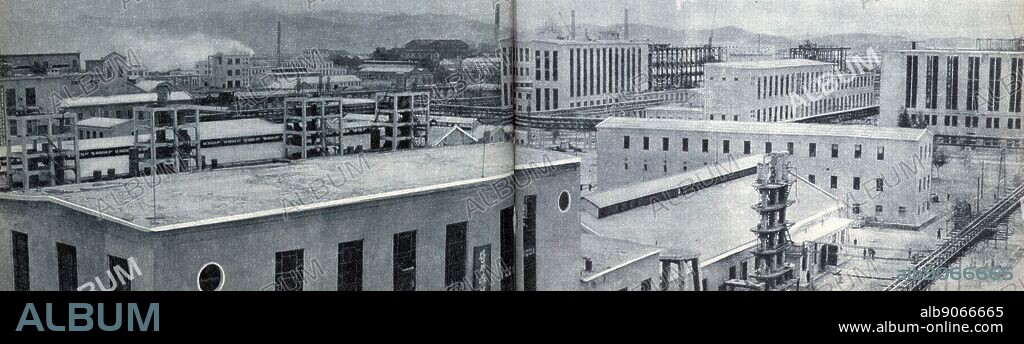 Vinylon Complex was built in Hamhung, North Korea, 1961. Vinylon, also known as Vinalon, is a synthetic fibre produced from polyvinyl alcohol, using anthracite and limestone as raw materials. Vinylon was first developed in Japan in 1939 by Ri Sung Gi, Ichiro Sakurada, and H. Kawakami. Trial production began in 1954 and in 1961 the massive February 8 Vinylon Complex was built in Hamhung, North Korea.