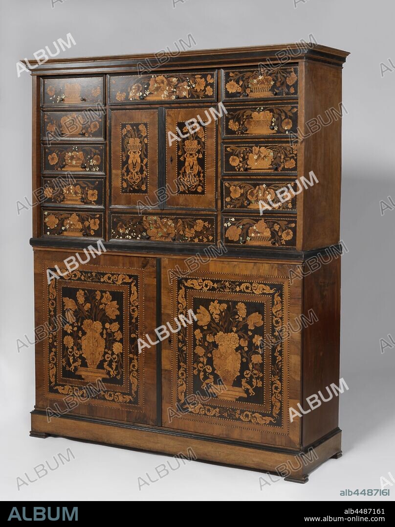 Cupboard with marquetry of flowers, birds, butterflies, mermaids and tritons with whooping horns, Cupboard glued with walnut and decorated with marketery of walnut, satin, rosewood, ebony and ivory on a pine core. The furniture is divided into a lower and upper cupboard. The wall cabinet has two doors, five on each side, and one above and below. The bottom cabinet has two front doors. The drawers and doors are marketed with flowers, mermaids and tritons with rivet horns. In the upper horn in ivory the letters FVG and on the left in walnut the word GRABANT., anonymous, Southern Netherlands (possibly), 1675 - 1700, wood (plant material), pine (wood), walnut (hardwood), satinwood (wood), rosewood (wood), ebony (wood), ivory, h 219.0 cm × w 180.0 cm × d 56.5 cm.