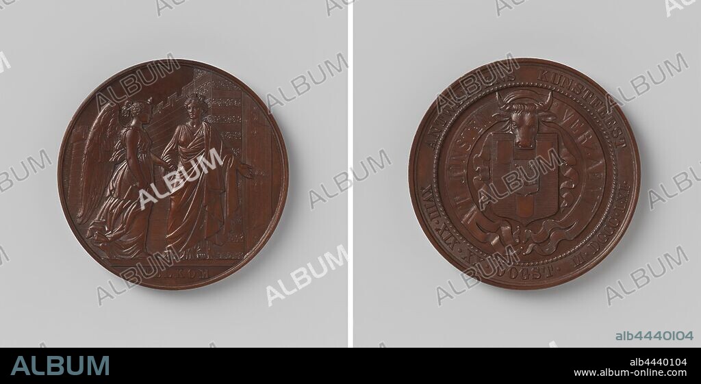 Antwerp art festival 1861, Bronze Medal. Front: crowned woman (the Antwerp virgin), standing by opened gate in high wall, grasping the hand of winged woman with painter's palette under her arm with her right hand, and making an inviting gesture to her with left hand, cut off: inscription. Reverse: coat of arms under ox-head, surrounded by two streamers, one with inscription inside, Antwerp, Belgium, Leopold Wiener, Brussels, 1861, bronze (metal), striking (metalworking), d 6 cm × w 91.61 gr.