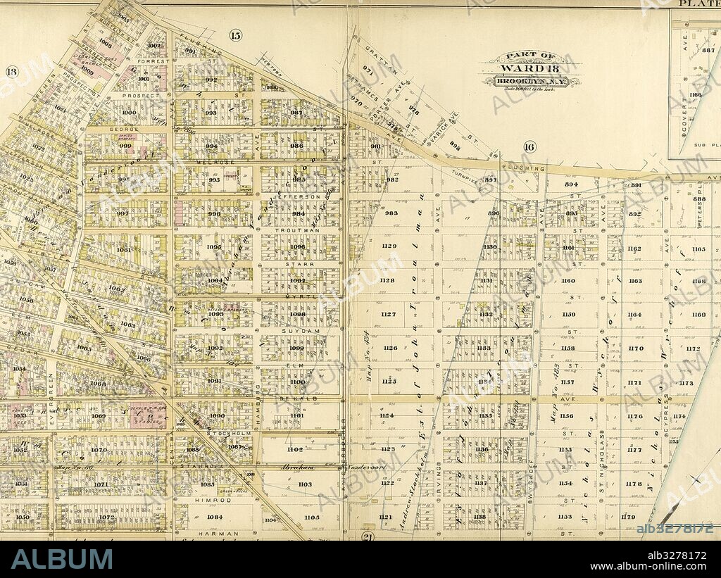 Plate 17: Bounded by Flushing Avenue, Knickerbocker Avenue, Grattan Street, Flushing Avenue, Covert Avenue, Myrtle Avenue, Cypress Street, Standhope Street, St. Nicholas Avenue, Harman Street, Bushwick Avenue and Bremen Street.