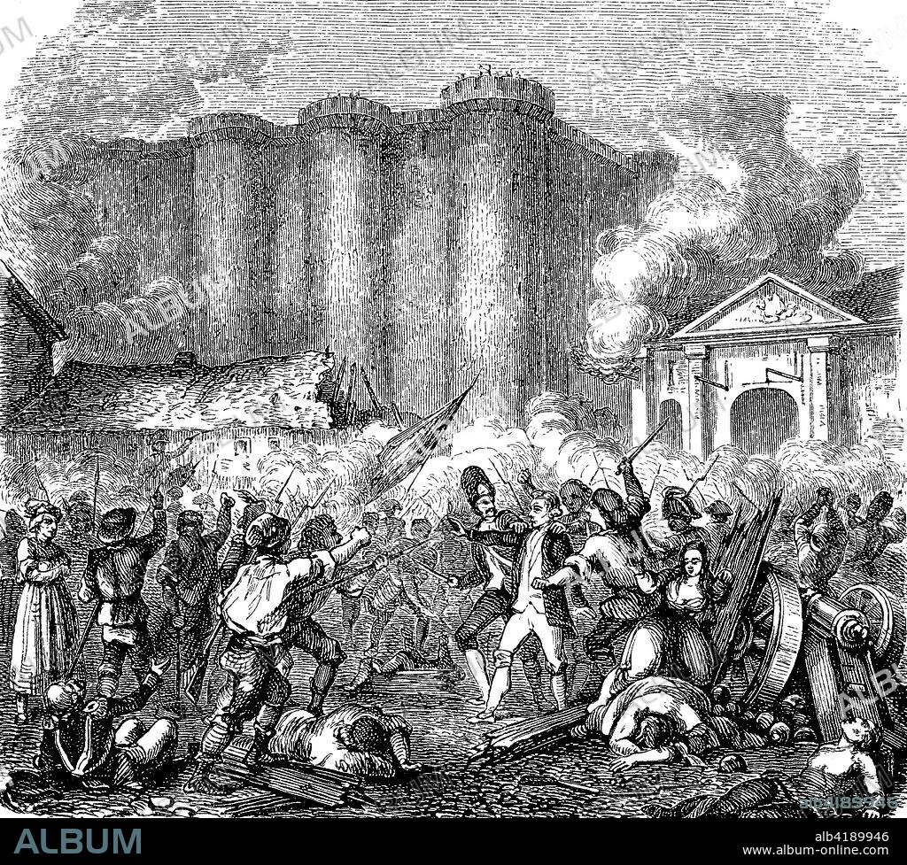 The Bastille was a fortress in Paris. It played an important role in the internal conflicts of France and for most of its history was used as a state prison by the kings of France. It was stormed by a crowd on 14 July 1789, in the French Revolution, reproduction of a woodcut from the year 1880, digital improved.