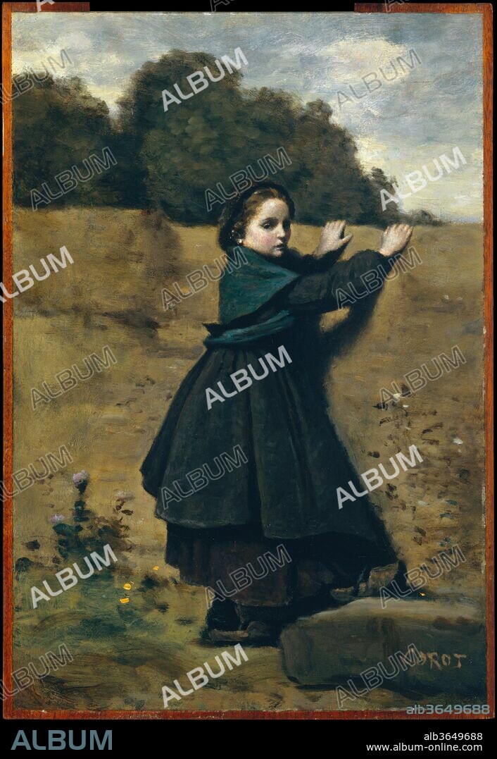 The Curious Little Girl. Artist: Camille Corot (French, Paris 1796-1875 Paris). Dimensions: 16 1/4 x 11 1/4 in. (41.3 x 28.6 cm). Date: 1860-64.
Although Corot's celebrity rests on his landscapes, his contemporaries were partial to his figure paintings, especially scenes drawn from contemporary life that he made toward the end of his career. Appreciated for their unaffected grace and serenity--what the French critics called <i>naïveté</i>--these works were eagerly sought by collectors. Corot's friends recalled that he looked forward to painting them as a refreshing break from routine. The girl depicted here resembles Emma Dobigny, who later became his favorite model.