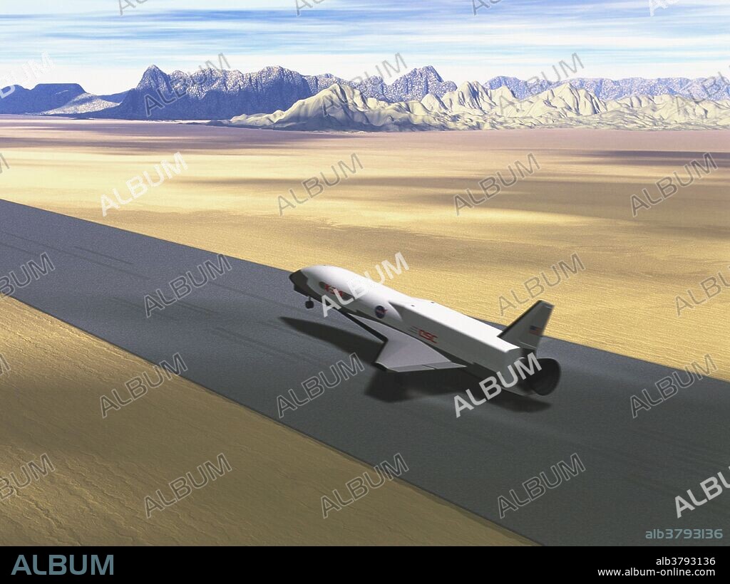 Artwork of the X-34 reusuable rocket landing. The X-34 was intended to test the various technologies needed for the Reusable Launch Vehicle program that was to replace the Space Shuttle. The X-34 project was cancelled in 2001.