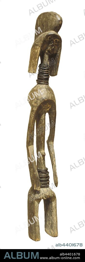 male figure, Mumuye people, 20th century, wood, brass, 42-3/4 x 6 x 7-1/2 in., African Art.