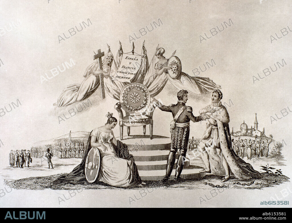 ALEGORIA DE AMISTAD ENTRE ESPAÑA Y FRANCIA-GRABADO S XIX - NAPOLEON.