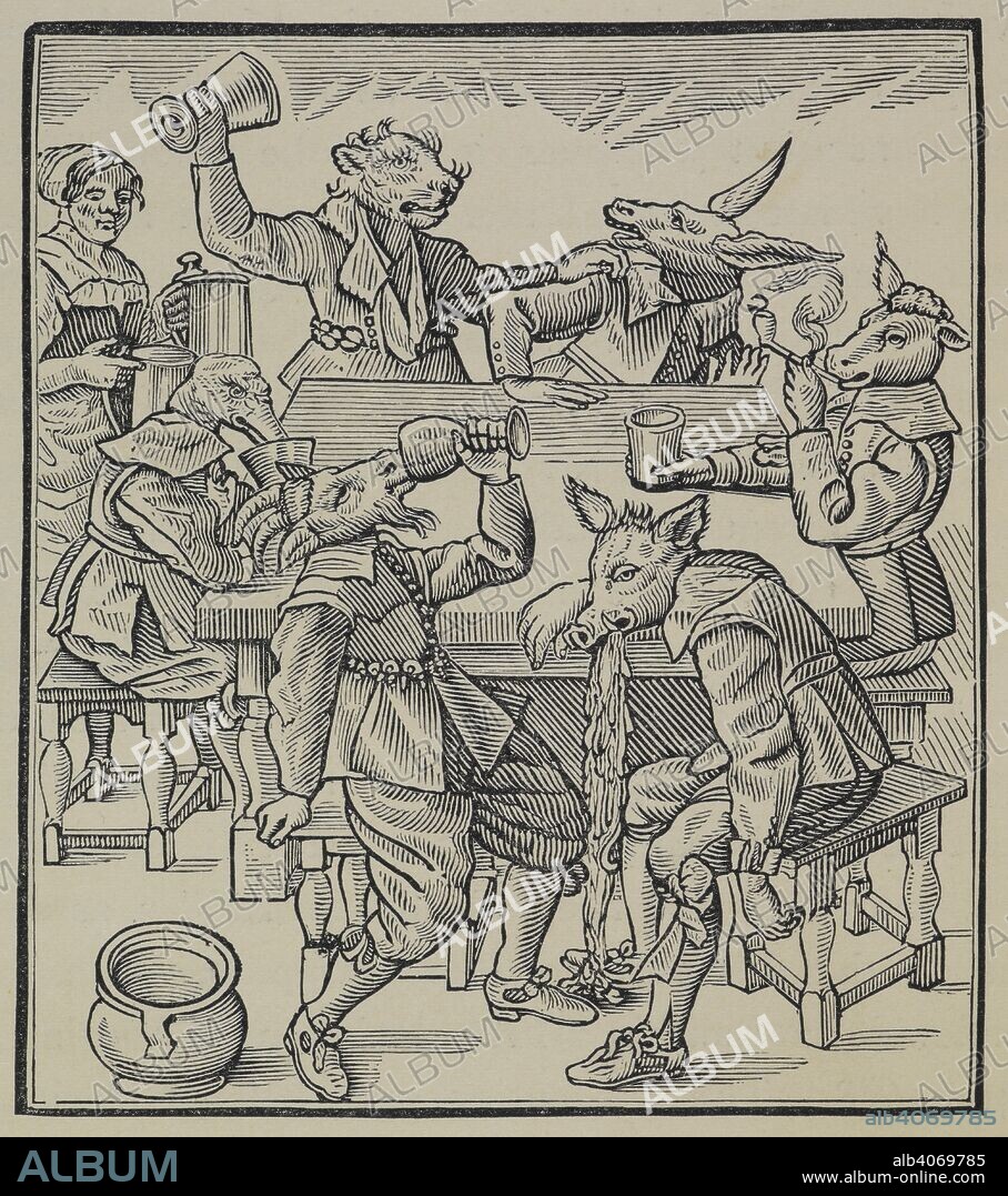 JOHN PAYNE COLLIER. Allegorical illustration showing drunken farm animals sitting around a table, being served ale. A donkey, sheep, duck, goat, dog, and pig. Broadside Black-letter Ballads, printed in the sixteenth and seventeenth centuries, etc. [Edited by J. P. Collier.]. London, 1868. Woodcut. Source: 11621.f.6.