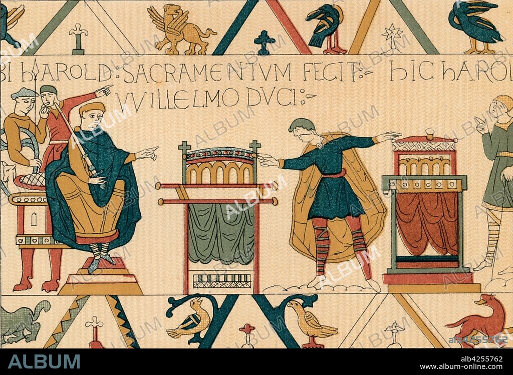 'Harold's Oath of Fealty to William of Normandy', (19th century?). King Harold II swears allegiance to William, Duke of Normandy (William the Conqueror). Illustration of a section from the Bayeux Tapestry, the famous embroidery depicting the Norman invasion of England in 1066.