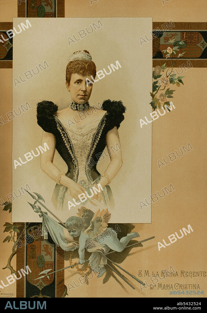 María Cristina de Habsburgo-Lorena (1858-1929). Reina de España por su matrimonio con Alfonso XII (1879-1885). Regente entre 1885 y 1902, durante la minoría de edad de su hijo Alfonso XIII. Retrato. Cromolitografía. Historia General de España, por Miguel Morayta. Tomo IX. Madrid, 1896.