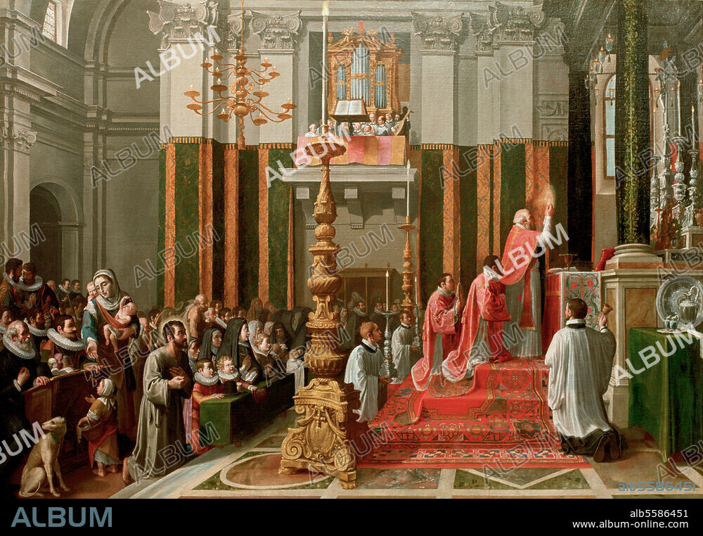 Ignatius von Loyola; span. Ordensstifter (Jesuiten), heiliggesprochen; 1491-1556. "Die Messe von Manresa". (1522; Ignatius als Eremit erlebt während der Meßfeier in Manresa ein Lichtwunder). Gemälde, Anfang 17. Jh., von Andrea Commodi (1560-1638). Öl / Lw., 141 × 197,5. cm. Rom, Casa Professa dei Gesuiti, Cappellina di Odoardo Farnese.