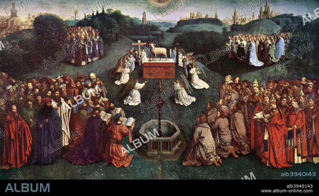 'The Adoration of the Mystic Lamb', The Ghent Altarpiece, 1432, (c1900-1920). A print after the lower half of the central panel in the St Bavo Cathedral, Ghent, from Art History and Literature Illustrations, by Jessie Noakes, Virtue and Co, (London, c1900-1920).