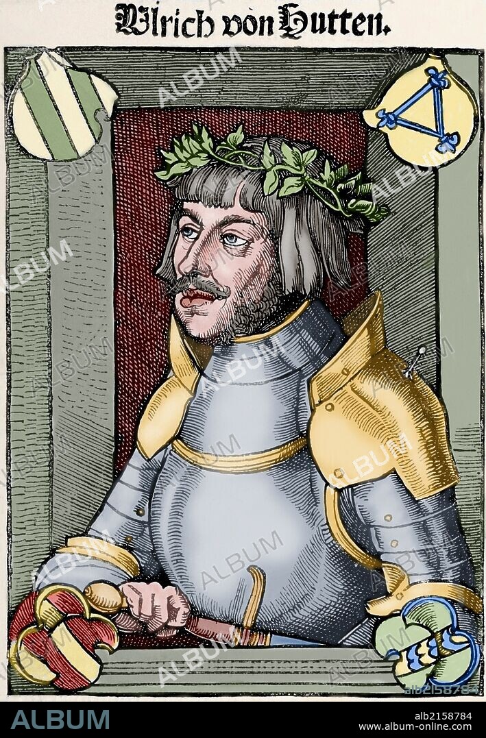 ULRICH VON HUTTEN. Caballero, poeta y humanista alemán (castillo de Steckelberg, cerca de Fulda, 21 de abril de 1488-isla de Ufenau, en el lago de Zúrich, 29 de agosto de 1523). Grabado coloreado.