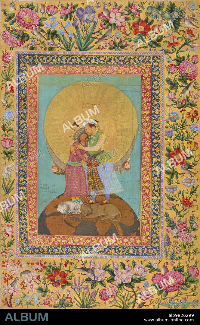 India / Iran / Persia: Emperor Jahangir of India (right) and Shah Abbas of Persia embrace in a symbolic representation of friendship between the Mughal and Safavid Empires. Watercolour painting by Abu al-Hasan (1589 - c. 1630), c. 1610s.<br/><br/>. Jahangir (20 September 1569 - 8 November 1627) was the ruler of the Mughal Empire from 1605 until his death in 1627.<br/><br/>. ShÅh ÄòAbbÅs the Great (27 January 1571 - 19 January 1629) was Shah (king) of Iran, and generally considered the greatest ruler of the Safavid dynasty.