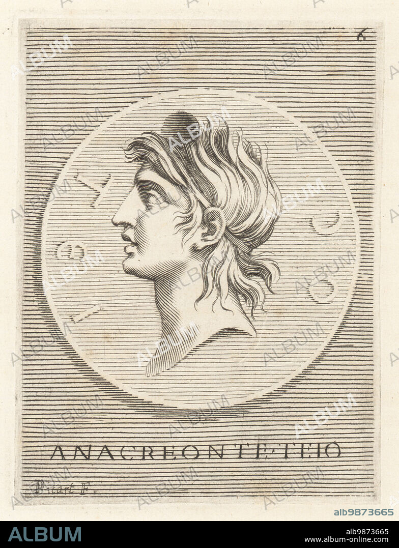 Head of Anacreon, Greek lyric poet. 575-495 BC, from Teos, Ionia (now Sigack, Turkey). Famous for his drinking songs and erotic poems. From a bronze medal. Anacreonte Teio. Copperplate engraving by Etienne Picart after Giovanni Angelo Canini from Iconografia, cioe disegni d'imagini de famosissimi monarchi, regi, filososi, poeti ed oratori dell' Antichita, Drawings of images of famous monarchs, kings, philosophers, poets and orators of Antiquity, Ignatio deLazari, Rome, 1699.