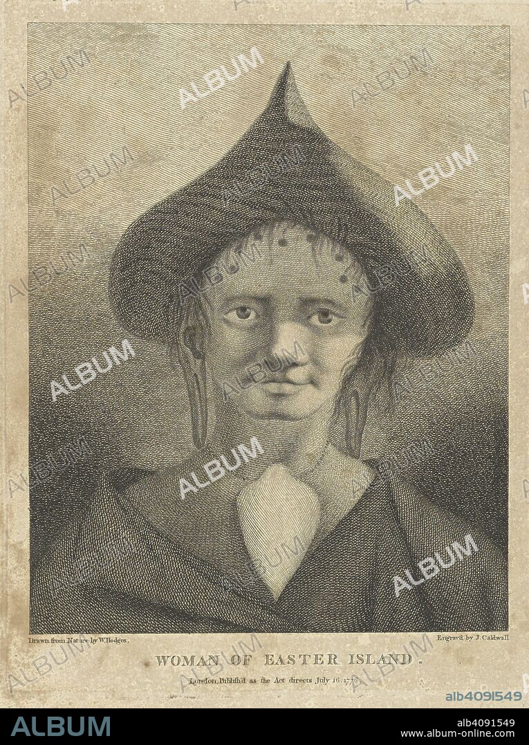 W HODGES. Woman of Easter Island. Drawn from nature by William Hodges and engraved by J. Caldwell. The woman is wearing a headdresse and has empty earlobes stretched by wearing ear ornaments. She wears a necklace. A collection of drawings by A. Buchan, S. Parkinson, and J. F. Miller, made in the Countries visited by Captain James Cook in his First Voyage [1768-1771], also of prints published in John Hawksworth's Voyages of Biron [Byron], Wallis, and Cook [1773], as well as in Cook's second and third Voyages [1772-1775, 1776-1780]. 1768-1780. Captain Cook's third voyage. Source: Add.23921 f.66.