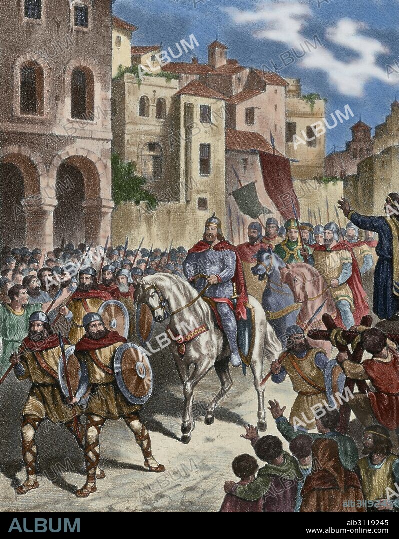 BERENGUER RAMON II "el Fratricida" (h.1053-Jerusalén, h.1099) Conde de Barcelona, Gerona y Ausona (Osona) (1076-97), hijo de Ramon Berenguer I y Almodis. "TOMA DE TARRAGONA POR EL CONDE BERENGUER RAMON II". Grabado de "Historia de España Ilustrada", del siglo XIX. Coloreado.