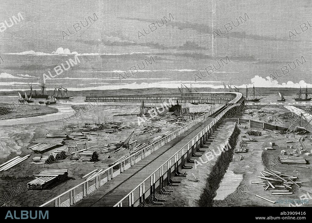 Historia. Minería. España. Andalucía. Huelva. Nuevo muelle-embarcadero del ferrocarril de las minas de Rio Tinto antes de su inaguración. Muelle comercial utilizado para el transporte del material de las minas de la compañía Rio Tinto en el río Odiel. Proyectado por los ingenieros George Barclay Bruce y Thomas Gibson, fué construido entre 1874 y 1876. Dibujo por Manuel Nao (1843-1884). Grabado por Bernardo Rico. La Ilustración Española y Americana, 30 de mayo de 1876. Biblioteca Histórico Militar de Barcelona. Cataluña, España.