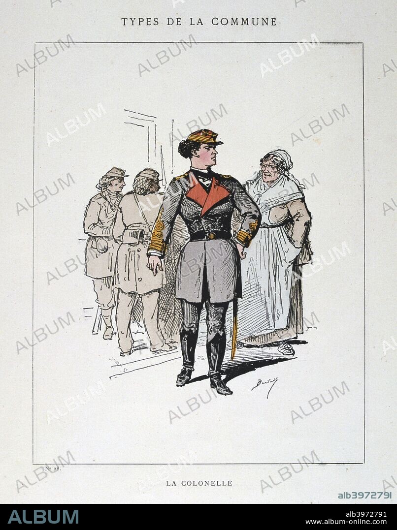'La Colonelle', Paris Commune, 1871. Cartoon from a series titled Types de la Commune. The Paris Commune was established when the citizens of Paris, many of them armed National Guards, rebelled against the policies of the conservative government formed after the end of the Franco-Prussian War. The left-wing regime of the Commune held sway in Paris for two months until government troops retook the city in bloody fighting in May 1871. The events of the Commune were an inspiration to Karl Marx as well as later communist leaders including Lenin, Trotsky and Mao. From a private collection.