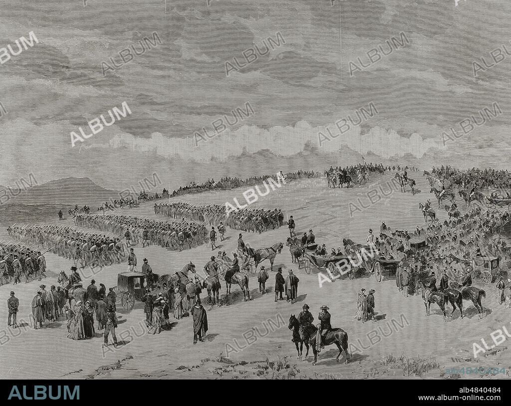 RICARDO BALACA (1844-1880). SPANISH PAINTER. BERNARDO RICO (1825-1894). SPANISH PAINTER AND ENGRAVER.. History of Spain. Madrid. Military drill at Dehesa de los Carabancheles, 3 November 1878. Military parade before King Alfonso XII after the end of the drill. Drawing from life by R. Balaca. Engraving by Rico. La Ilustración Española y Americana (The Spanish and American Illustration), 1878.