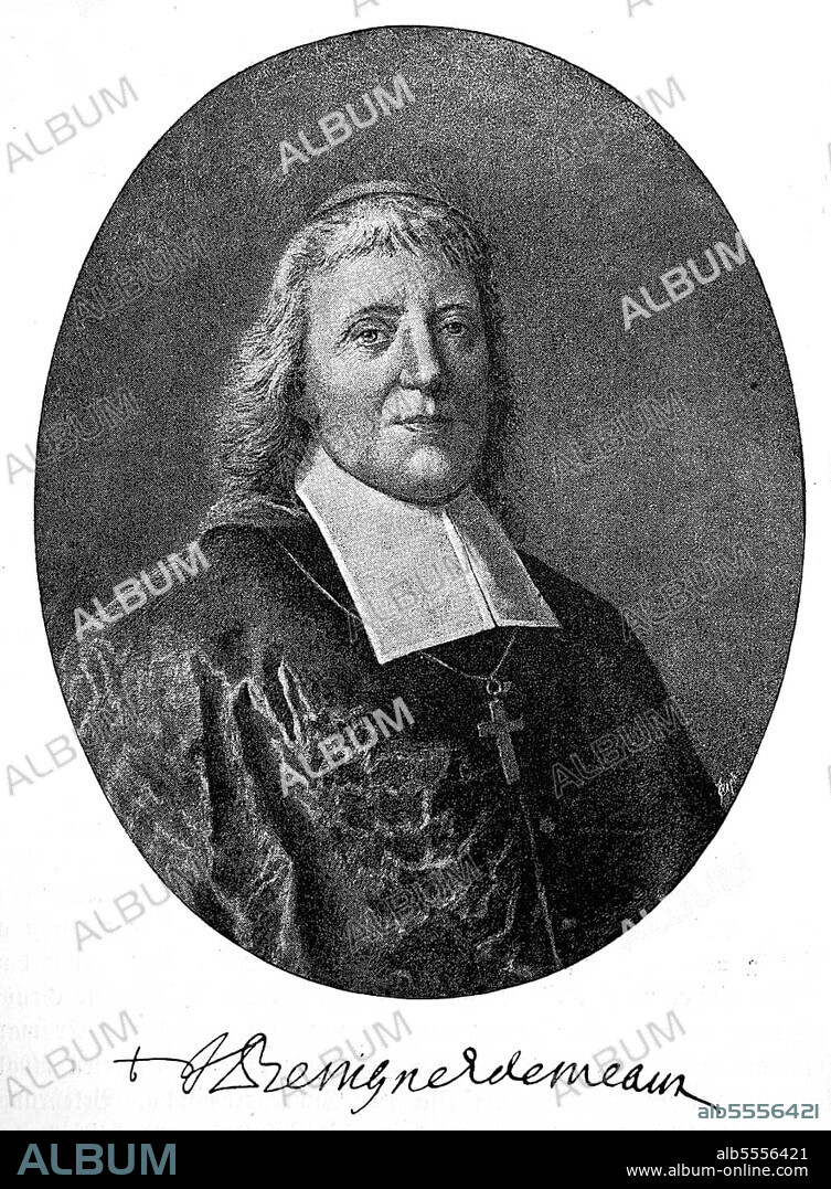 Jacques Bénigne Bossuet, 27 September 1627, 12 April 1704, was a French bishop and author. He made a significant contribution to the philosophy of history and is considered by the French to be a classic among their pulpit orators, Historical, digitally restored reproduction from a 19th century original, exact date unknown.