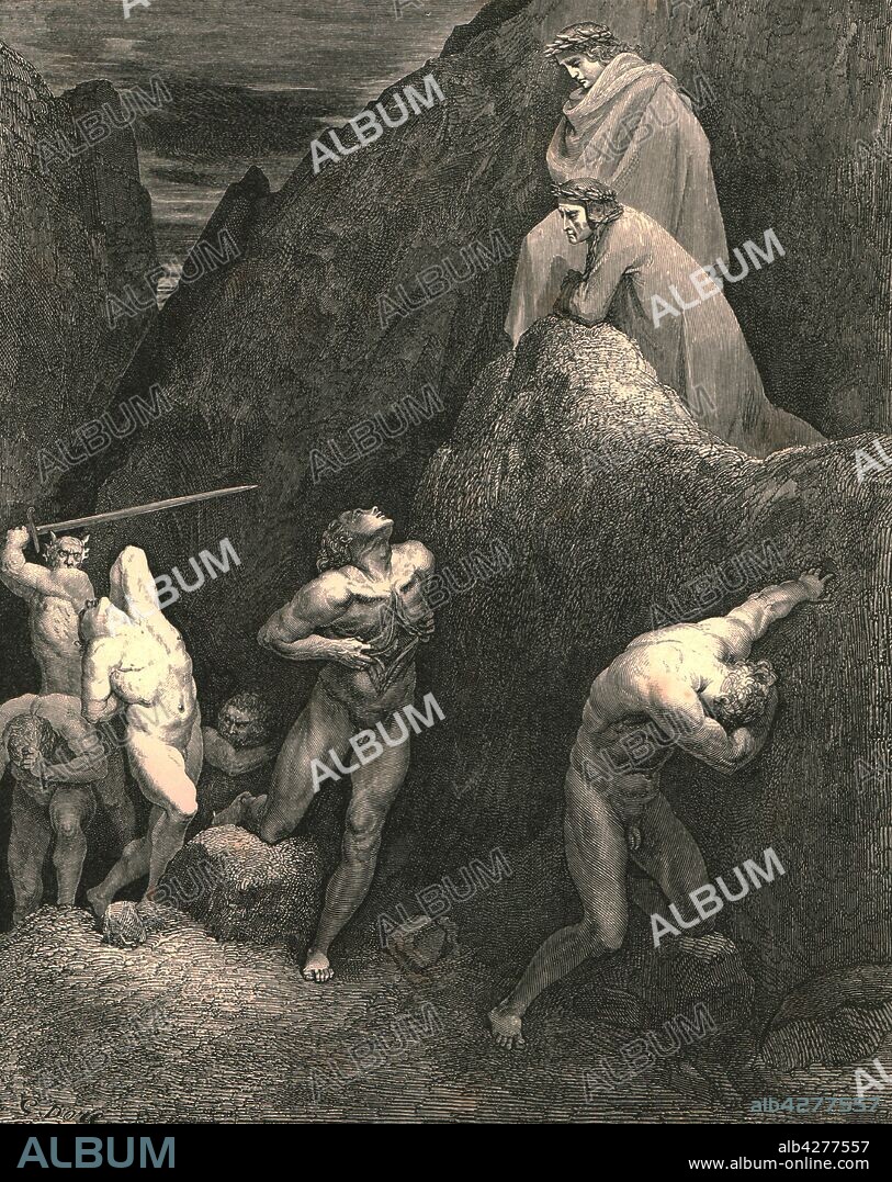 PAUL GUSTAVE DORÉ. Now mark how I do rip me! lo! How is Mahomet mangled!', c1890. Dante and the Roman poet Virgil witness the suffering of the prophet Mohammed, who is repeatedly ripped open. He is allowed to heal each time, only to be split apart again. Illustration from "The Vision of Hell" (Inferno), the first part of "The Divine Comedy" (La divina commedia) by Dante Alighieri. This long, narrative poem, written in Italian c1308-1321, tracing Dante's imaginary journey from Hell, through Purgatory and finally to Heaven and a beatific vision of God, has been published numerous times. This edition, published late 19th century, is illustrated by Gustave Dore. [Cassell Petter & Galpin, c1890].