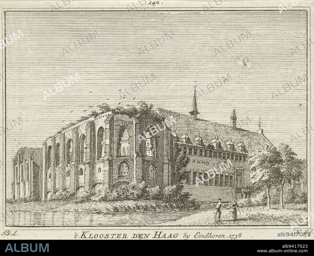 View of the ten Hage convent, Eindhoven 't Klooster den Haag by Eindhoven 1738 , print maker: Hendrik Spilman, (mentioned on object), intermediary draughtsman: Monogrammist JBD, (mentioned on object), Haarlem, 1746, paper, etching, h 80 mm × w 105 mm.