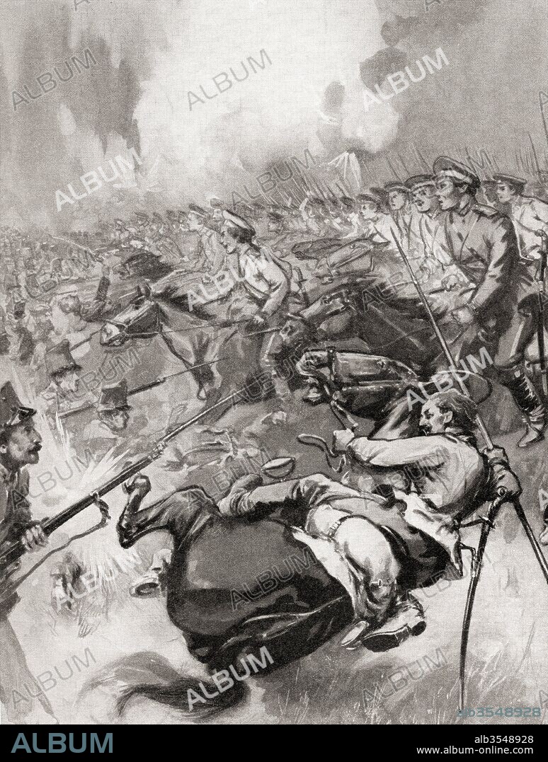 Russian cavalry force the Austrians to flee at the Battle of Lemberg, Galicia in 1914 during WWI. From The War Illustrated Album Deluxe, published 1915.