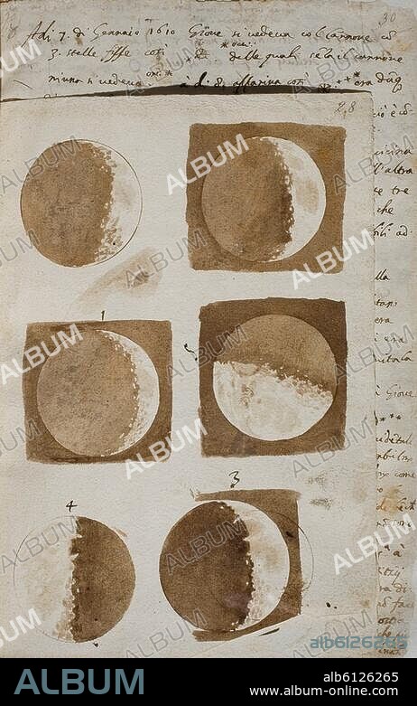 Astronomie / Mond.-Sechs Darstellungen des Mondes.-Zeichnungen, November/Dezember 1609, von Galileo Galilei (1564-1642). (Erste realistische Darstellung des Mondes mit Hilfe des Fernglases). Feder und Pinsel auf Papier, Ms.Gal.48, fol.28 r.