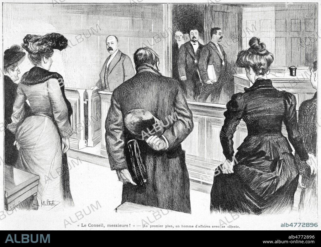 'Au conseil des Prud'hommes. Le conseil, messieurs ! Au premier plan, un homme d'affaire avec sa cliente.' Dessin de MALTESTE (1862-1928) tire de gravure 7 novembre 1903. Credit : Collection KHARBINE-TAPABOR.
