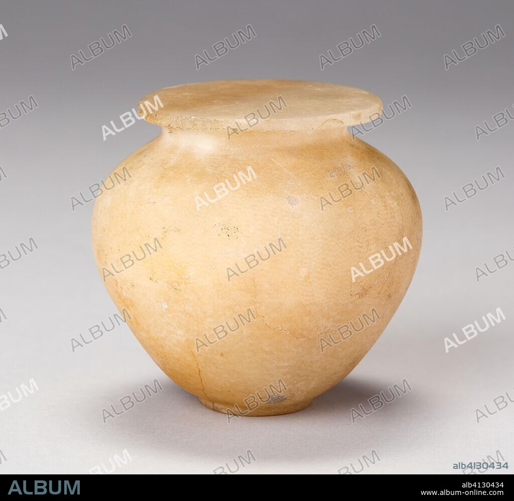 ANCIENT EGYPTIAN. Vessel. Egyptian. Date: 2613 BC-2181 BC. Dimensions: 1892.14a-b
a (jar): 6.35 × 7.39 × 7.31 cm (2.57 × 2.91 × 2.88 in)
b (lid): .07 × 5.35 × 5.35 cm (.29 × 2.11 × 2.11 in). Calcite. Origin: Egypt.