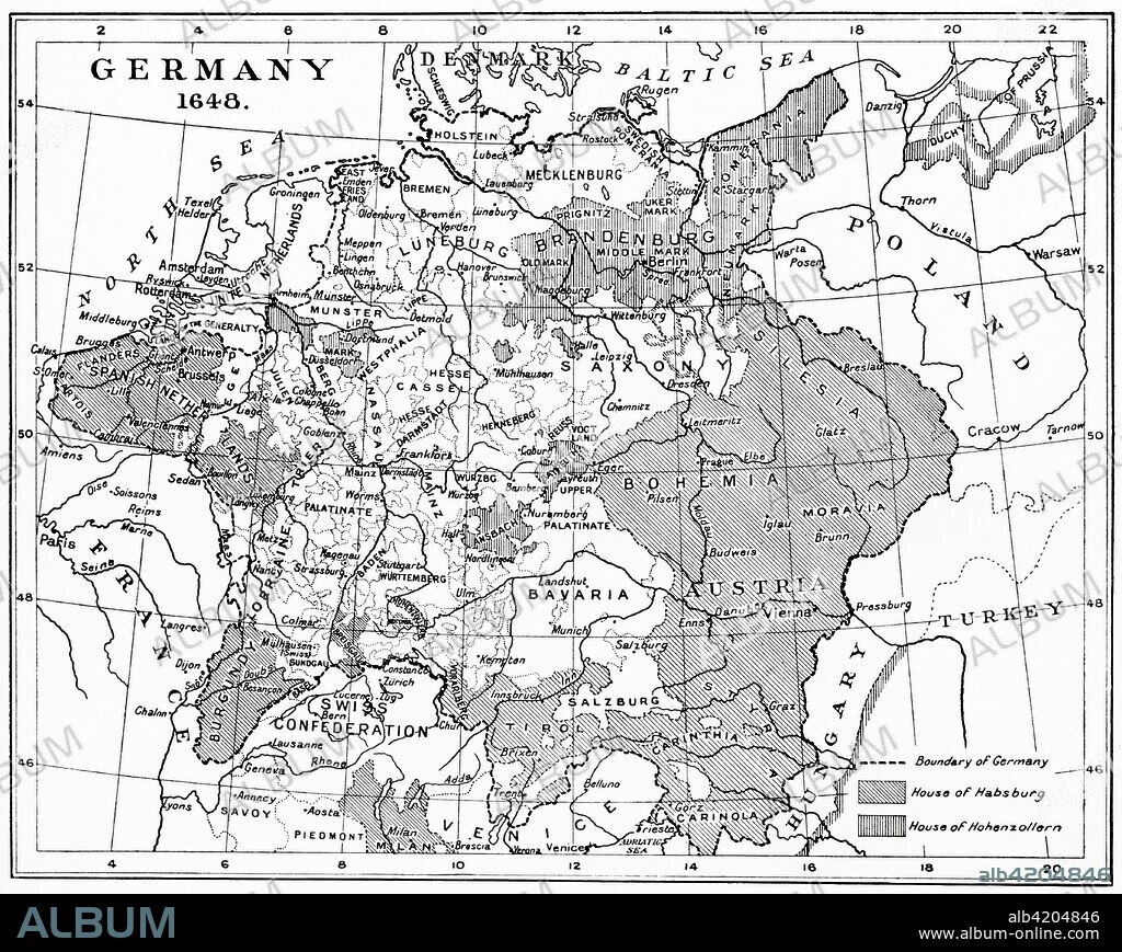 Map of Germany in 1648 after the Peace of Westphalia.  From Hutchinson's History of the Nations, published 1915.