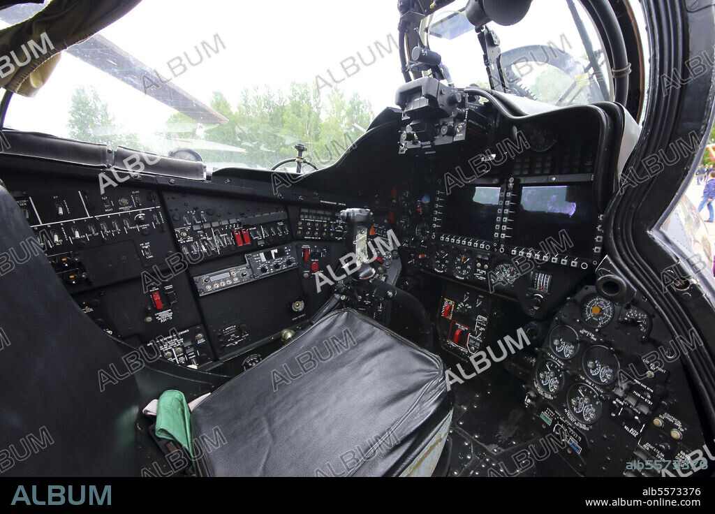 Cockpit of Mil Mi-24P attack helicopter of the Russian Air Force, Torzhok, Russia.