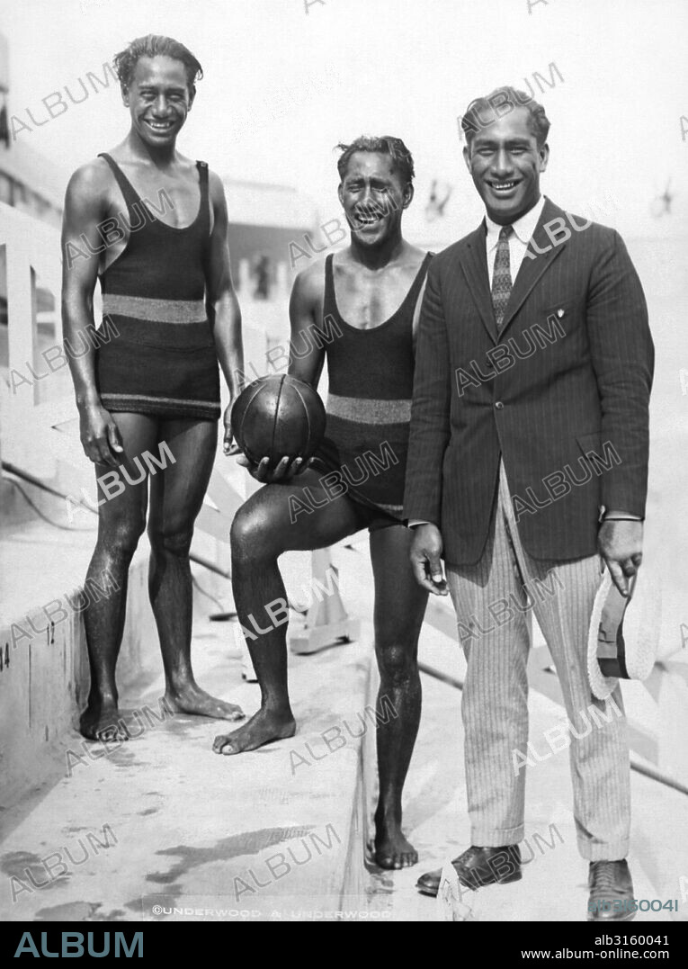 Paris, France:  July 16, 1924 Hawaii's trio of great swimmers, Sam, Dave and Duke Kahanamoku at the Paris tank for the Olympic elimination swimming trials.