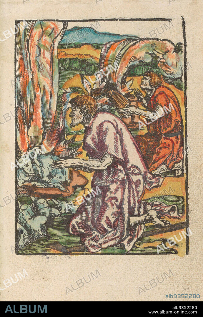 Sacrifice of Cain and Abel, Mute Passion (series title), The brothers Cain and Abel each make a sacrifice. Cain's offering of sheaves of grain is refused because the smoke goes down. Abel's sacrifice is accepted by God, the smoke goes up. Print is part of a book., print maker: Jan Wellens de Cock (attributed to), publisher: Doen Pietersz., Amsterdam, c. 1530, paper, height 113 mm × width 83 mmheight 159 mm × width 102 mm.
