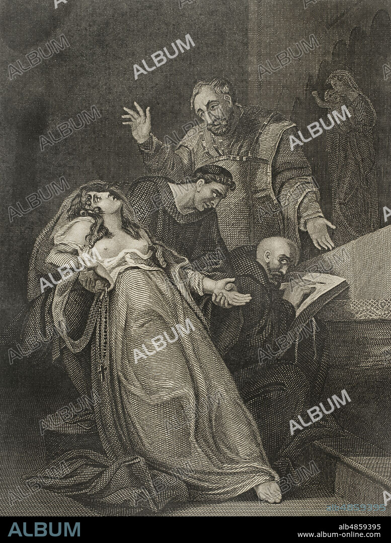 Elizabeth Barton (1506-1534). Monja católica inglesa. Fue ejecutada el 20 de abril de 1534 por sus profecías contra el matrimonio del rey Enrique VIII de Inglaterra con Ana Bolena. Elizabeth Barton, recostada con sus pechos al descubierto, en brazos de un hombre que extiende su mano para dejar su marca en una confesión, la cual está siendo escrita por un clérigo arrodillado frente a un altar. Mientras tanto, un sacerdote conminando a Elizabeth para confesar la falsedad de sus revelaciones. Grabado a partir de un cuadro de Henry Tresham (ca. 1751-1814).