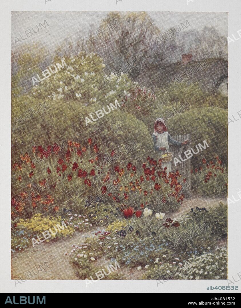 HELEN ALLINGHAM and ROBERT HUISH. A womam opening a gate into a garden. Happy England as painted by Helen Allingham, R.W.S. [81 coloured plates.] With memoir and descriptions by M. B. Huish. London : Adam & Charles Black, 1903. Source: K.T.C.104.b.5. plate 60.