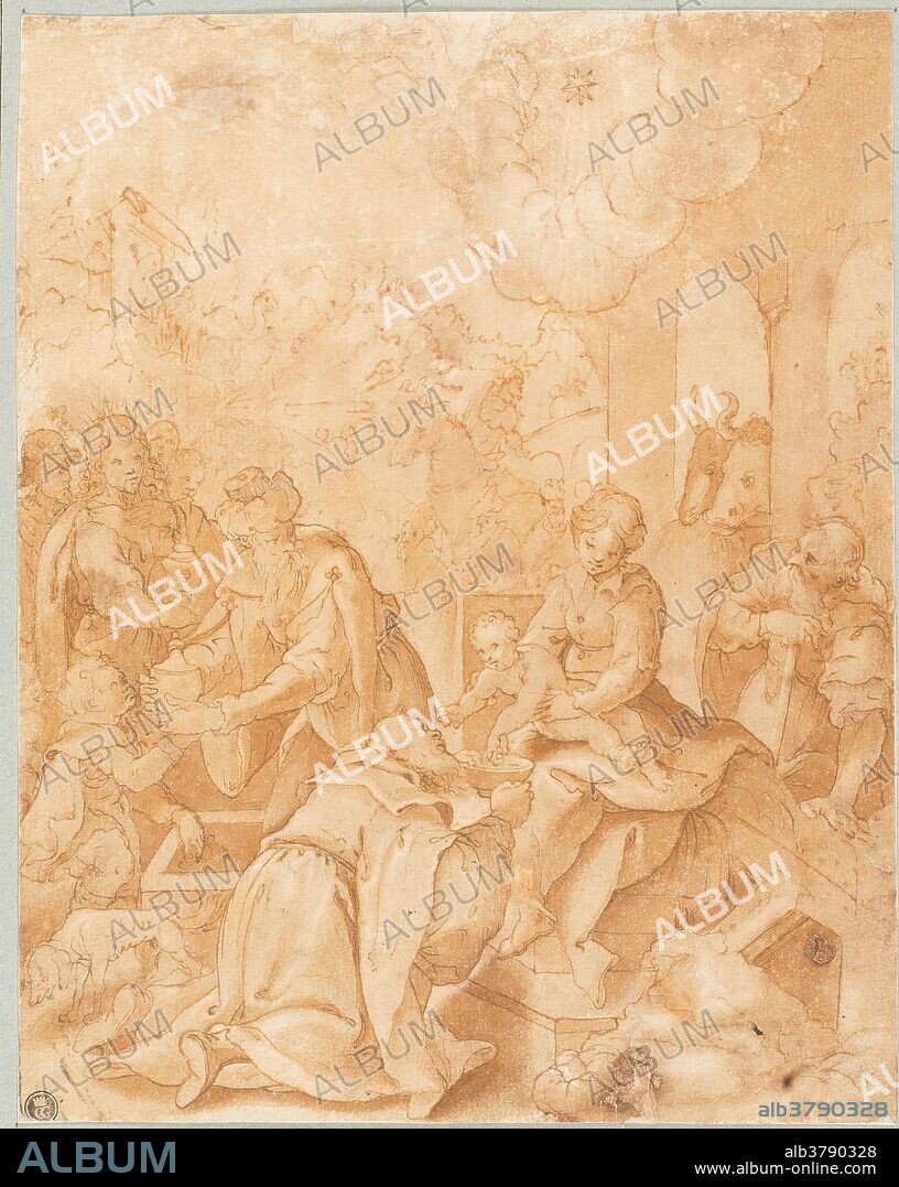 Anonymous (Copy Calvaert, Denys) / 'Adoration of the Kings'. XVI century. Grey-brown wash, Pencil, Pencil ground, Grey-brown ink on wallpaper, yellow laid paper.