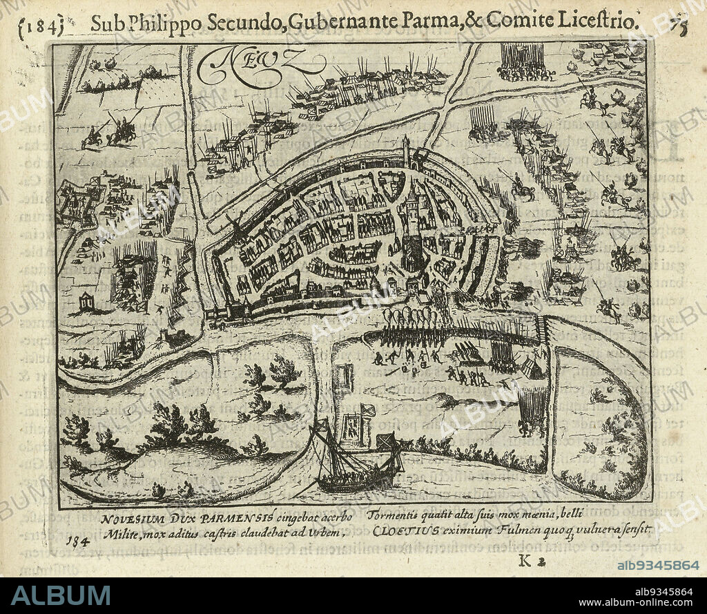 Siege of Neuss by Parma, 1586, Siege of Neuss by the Duke of Parma, 1586. Plan of the city with the besieging troops surrounding the city. With caption of 4 lines in Latin. Numbered 184. Printed on reverse with text in Latin., print maker: Simon Frisius, Frans Hogenberg, print maker: Northern Netherlands, publisher: Amsterdam, 1613 - 1615 and/or 1621 - 1622, paper, etching, height 137 mm × width 162 mm.