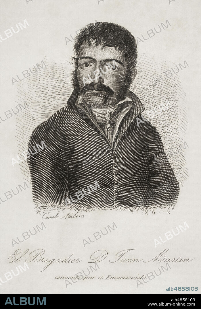 Juan Martín Díez, llamado"El Empecinado" (1775-1825). Militar español, héroe de la Guerra de la Independencia Española, y especialista en la guerra de guerrillas. De ideas liberales. Retrato. Grabado por Camilo Alarbern (1825-1876). Historia del Levantamiento, Guerra y Revolución de España, por el Conde de Toreno. Madrid,1851.