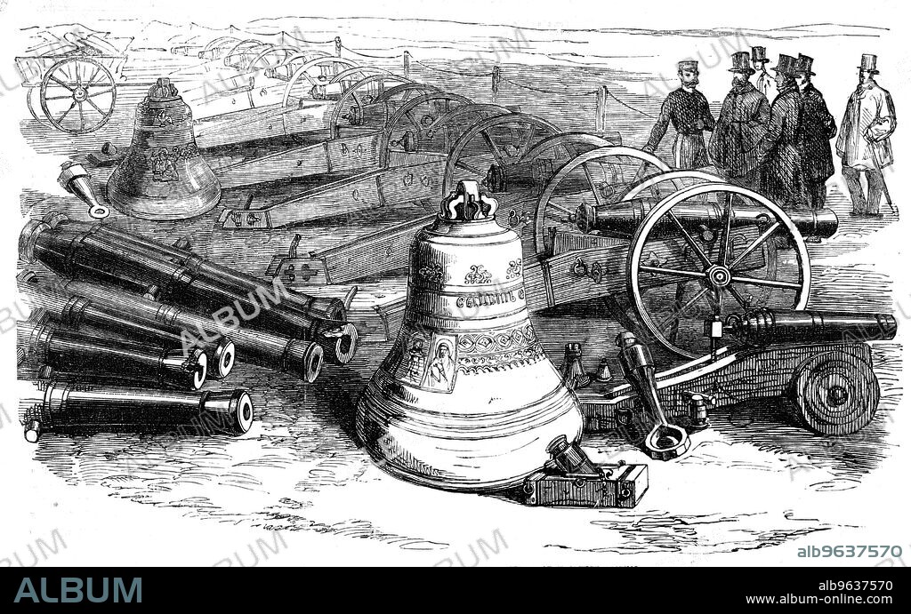 Russian Guns and Bells from Sebastopol, just received at Woolwich Arsenal, [London], 1856. Booty from the Crimean War: '...several guns, and mortars, and two large bells, brought from Sebastopol, which have since been added to these trophies of the war. They are deposited at the entrance of the Arsenal grounds; some of them are heavy iron guns of large calibre, and of a most singular appearance. The ornamentation of the bells, which bear representations of saints, is tastefully executed. The Dial-square now presents a novel spectacle, having two spaces inclosed, which contain large numbers of Russian implements of war'. From "Illustrated London News", 1856.